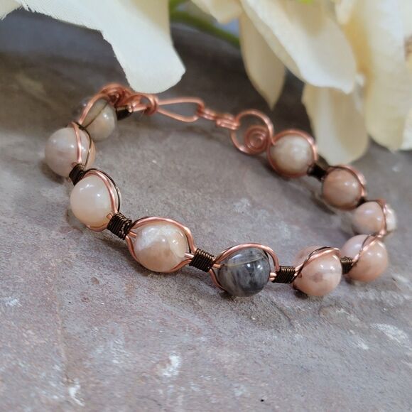 Handmade Sunstone Beaded Copper Wire Wrapped Cuff Bracelet Boho Jewelry - Picture 2 of 3
